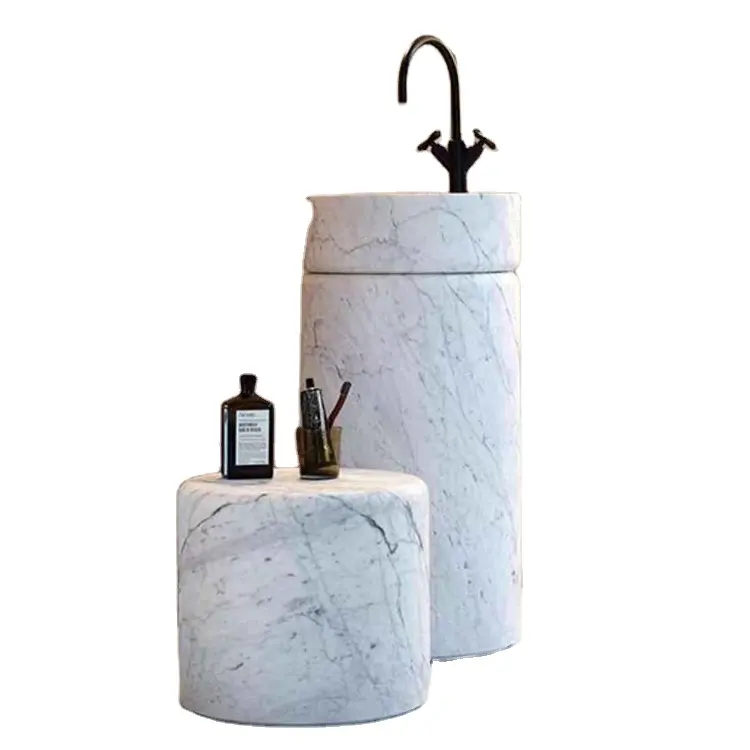 Carrara-lavabo independiente de mármol para decoración de baño, lavamanos moderno con Pedestal, color blanco