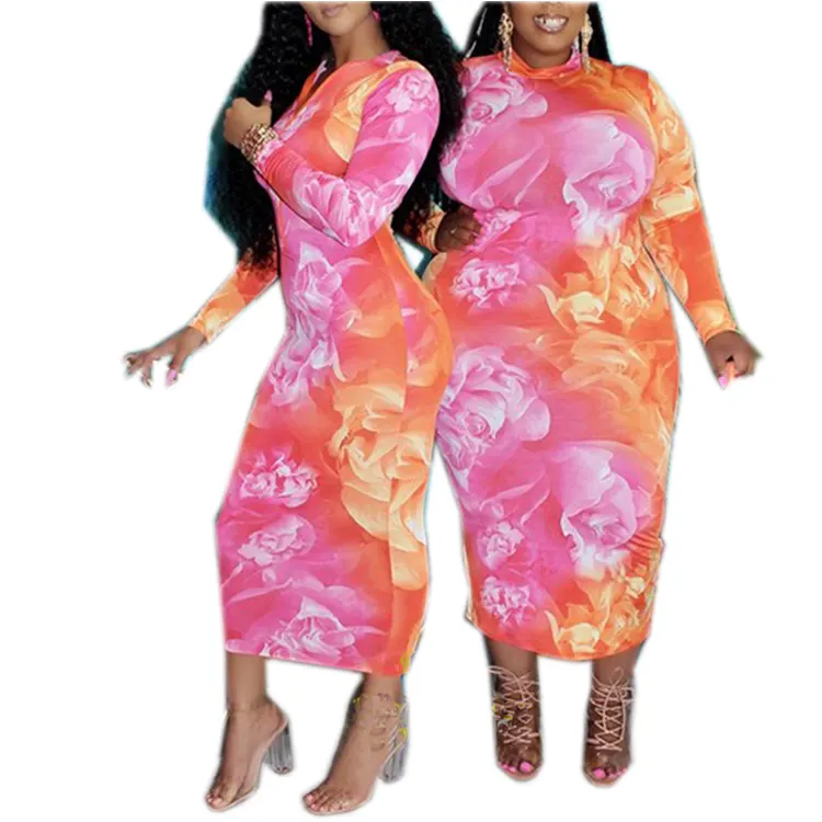 Wholesale Custom Plus Size Women Dress Tie Dye Spring Large Size Women Party Dress For Fat Floral Print Bodycon Dresses