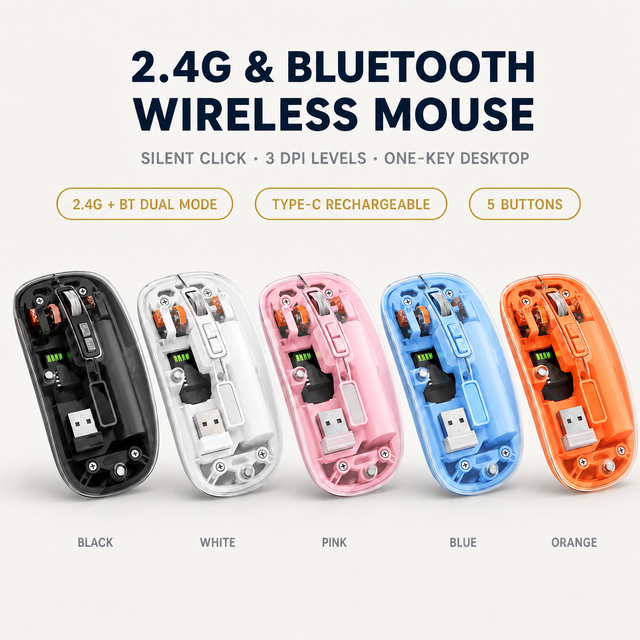 Wireless Mouse 2.4G Dual Mode Silent Click 3 DPI Levels Type C Rechargeable 5 Buttons Laptop Office