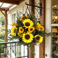 Faux tournesol artificiel et pomme de pin avec panier suspendu en verdure persistante pour porche, patio, extérieur, Noël, Thanksgiving, table, décoration intérieure