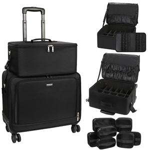 Maleta de Maquillaje Profesional Grande y Resistente de Nailon ReIaveI, Carrito de Cosméticos con Ruedas, Compartimentos Ajustables, Cierre de Cremallera, Estuche de Viaje - Product Image 3