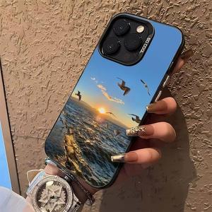 Funda de teléfono móvil de TPU para PC con llave plateada galvanizada con impresión de puesta de sol y gaviota para Iphone 8 X Xr Xs 11 12 13 14 15 16 17 Pro Max - Product Image 3