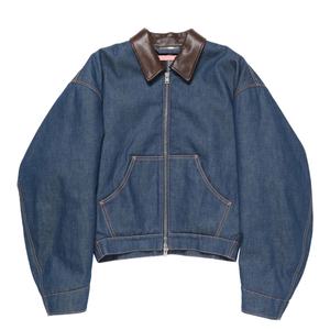 เสื้อแจ็คเก็ตยีนส์ผู้ชายสีน้ำเงินเข้มคุณภาพสูง ทรงโอเวอร์ไซส์ ผ้าฝ้าย 100% แบบสั่งทำพิเศษ ซิปหน้า คอปกบุผ้าแฟลนเนล แต่งหนัง - Product Image 1