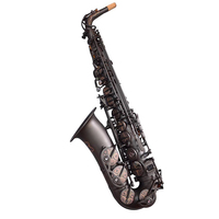 Saxofón Alto Eb HUAYUN de Latón Liso con Botones de Perla Negra, Negro Carbón, Ajustable y Estable, Modelo de Instrumento de Viento