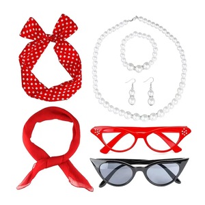 Accessoires de costume <span class=keywords><strong>pour</strong></span> femmes des années 1950 - Écharpe en mousseline des années 50, Lunettes œil-de-chat, Bandeau foulard, Boucles d'oreilles à pois - Product Image 2