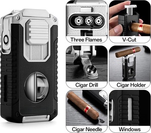 Nouveau briquet torche 5-en-1 avec coupe-cigare et coupe-cigarette, triple flamme coupe-vent, accessoires pour fumeurs, cadeau - Product Image 2