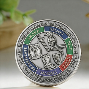 Moneta Commemorativa Personalizzata 'Armatura di Dio' all'Ingrosso, Moneta Religiosa Placcata Argento con Smalto, Logo Personalizzato e Design Gratuito - Product Image 1