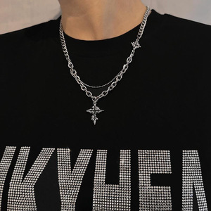 Collar cruzado POP, cadena cruzada de acero inoxidable y plata negra, collar gótico de 2 capas, collar con colgante de Cruz de empalme de Hip Hop - Product Image 5