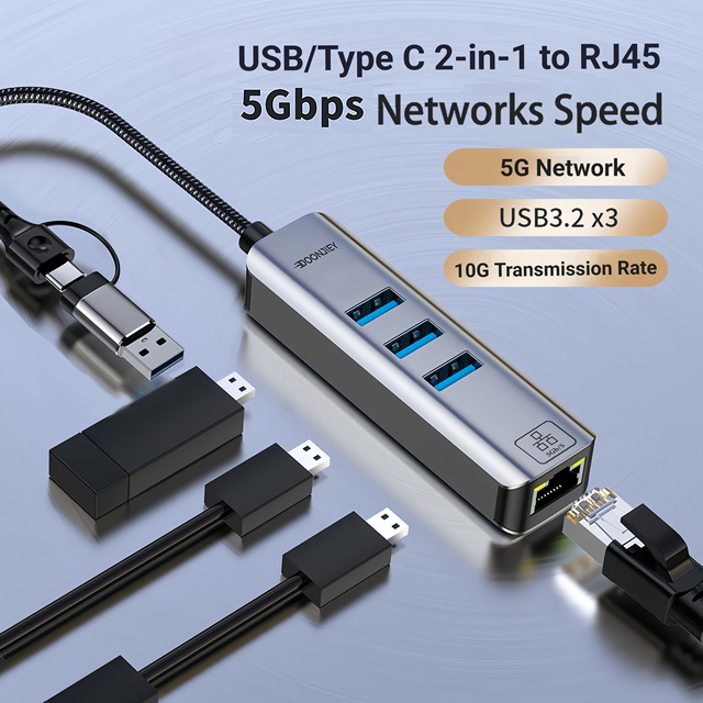DOONJIEY DJNET15-4 Type-C/USB 2-in-1 Gigabit Ethernet Adapter 5G Wired Network Card USB 3.2 Hub External for