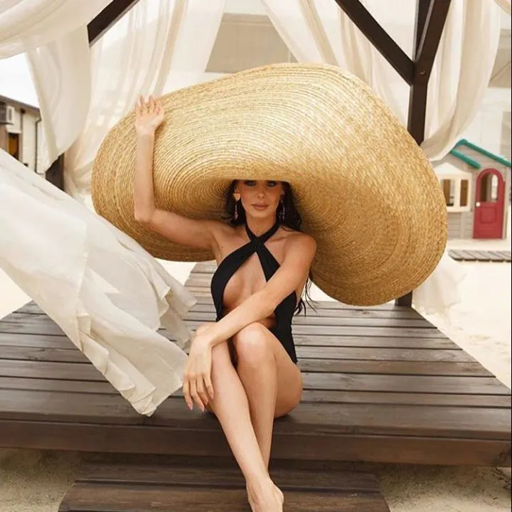 70cm גברת של דגם אופנה מראה גדול במיוחד רחב ברים קש כובע סופר גדול תקליטונים קש כובע חוף כובע