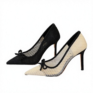 Zapatos de tacón alto de estilo francés, elegantes, con lazo, punta en pico, corte bajo, malla de encaje, tacón de aguja, sin cordones, de PU para mujer - Product Image 3