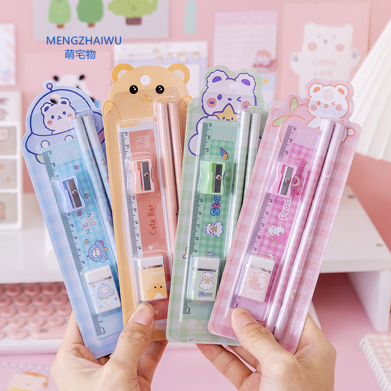 Лидер продаж, набор канцелярских принадлежностей для детских подарков, мультяшная пластиковая линейка с карандашами