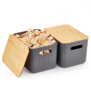 Desktop Storage Containers Plastic Stackable Storage Bins With Bamboo Lids