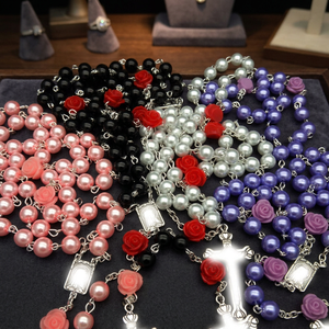 Pearl Rose Rosary Necklace 8mm Imitation Glass Pearl Beads <b>Cross</b> Pendant Unisex Fashion Sweater <b>Chain</b> Jewelry Gift - Product Image 2