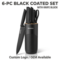 Ensemble de 6 couteaux noirs antiadhésifs avec bloc de rangement, en acier inoxydable, pour cuisine, avec logo personnalisé, marque privée, vente en gros