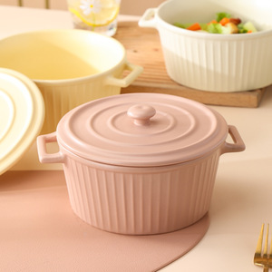 Tazón de Sopa Mate de Doble Asa con Tapa, Cerámica con Grano Vertical 3D, Apto para Horno, Vajilla de Cerámica con Esmalte Bajo Glaseado, Personalizable, Esenciales del Chef - Product Image 2