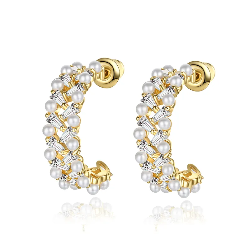 LUOTEEMI Gold Plated Small Moon Shape Earring Cuffs Imitation Rice Pearl Hoop Earrings for Women 2021