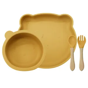 Personalizable Seguro Bpa Libre Bebé Animales de dibujos animados Oso Forma Tazón Plato Silicona Alimentación Niños Mesa de comedor Juego de silicona