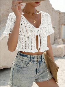 <span class=keywords><strong>SHENHE</strong></span> Cardigan d'été léger en maille acrylique unie à manches courtes et à nouer sur le devant pour femme - Product Image 2