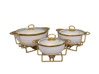 Vente directe d'usine, casserole ovale en céramique marbrée dorée, pot à soupe de style buffet avec support en fer, ustensiles de cuisine en marbre