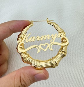 Pendientes de <span class=keywords><strong>Aro</strong></span> Personalizados con Placa de Nombre, Chapados en <span class=keywords><strong>Oro</strong></span>, de Acero Inoxidable - Product Image 3