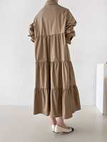 Robe chemise longue à col roulé boutonnée pour femme, à manches longues, à volants superposés, coupe ample, style coréen, unie, tissée, automne, ODM/OEM