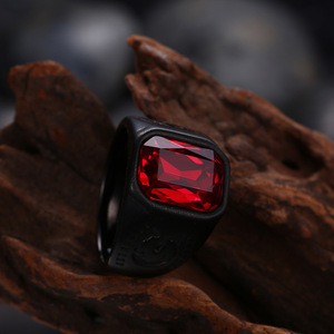 패션 새로운 디자인 남성 스테인레스 스틸 링 빈티지 블랙 밴드 링 레드 스톤 남성용 반지 - Product Image 3
