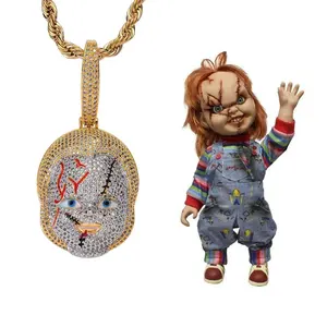 Kalung Liontin Boneka Film Horor Perhiasan Hip Hop BES Berlapis Emas 14K dengan Zirkonia Kubik untuk Pria Halloween - Product Image 1