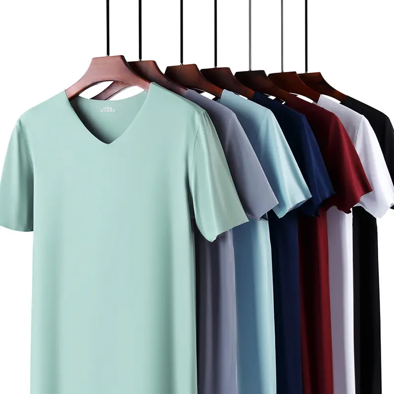Enerup Wholesale men's ice silk short sleeve T-shirt slim casual breathable V-neck half sleeve top bottoming shirt