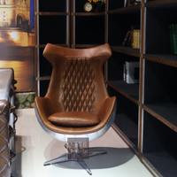 Fauteuil de bureau exécutif vintage en cuir véritable marron, dossier en métal argenté et aluminium, mobilier industriel, pivotant style aviateur