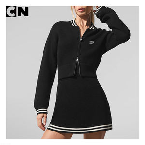 ผู้ผลิตเสื้อสเวตเตอร์ได้รับการรับรองมาตรฐาน BSCI รับทำโลโก้ เสื้อสเวตเตอร์ผู้หญิง 100% ผ้าฝ้าย สีดำ สไตล์ลำลอง สำหรับเล่นเทนนิส แบบถัก ซิปยาวเต็มตัว - Product Image 2