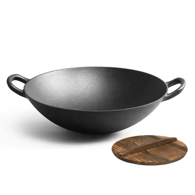 Wok de ferro fundido da china, com tampa de madeira, vegetais, ferro fundido
