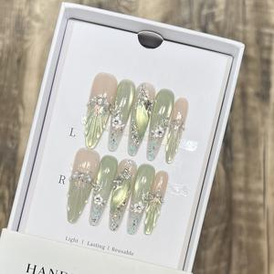 Luxe Glamour verre oeil de chat <span class=keywords><strong>manucure</strong></span> française presse sur les ongles avec combiné cristal strass pur à la main faux ongles - Product Image 2