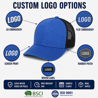 Casquette de baseball trucker bleu roi personnalisée, dos en maille noire, devant en mousse, fermeture snapback, visière incurvée réglable, vente en gros, OEM, faible MOQ