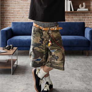 Pantalones Cortos Cargo de Camuflaje Y2K al por Mayor para Hombre, Estilo Vintage, Rotos, Desgastados, Holgados, de Algodón Pesado, con Logotipo Personalizado TKAN7740 - Product Image 1