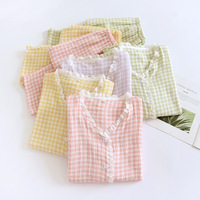 Ensemble de pyjama deux pièces en coton double gaze à carreaux avec bordure en dentelle pour fille, manches longues, doux et respirant, pour le printemps et l'automne