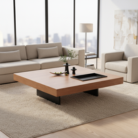 Table basse carrée minimaliste, plateau en marbre, cadre en bois massif, design moderne haut de gamme, grain de bois de noyer, pieds en acier carbone, rangement