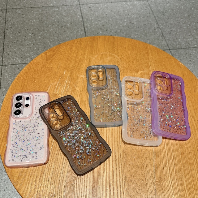 Epoxy Glitter Stars Wave Edges Shockproof Soft Clear Phone Case for Samsung Galaxy S26 Ultra S25 Edge S24 S23 S22 S21 Plus S25FE
