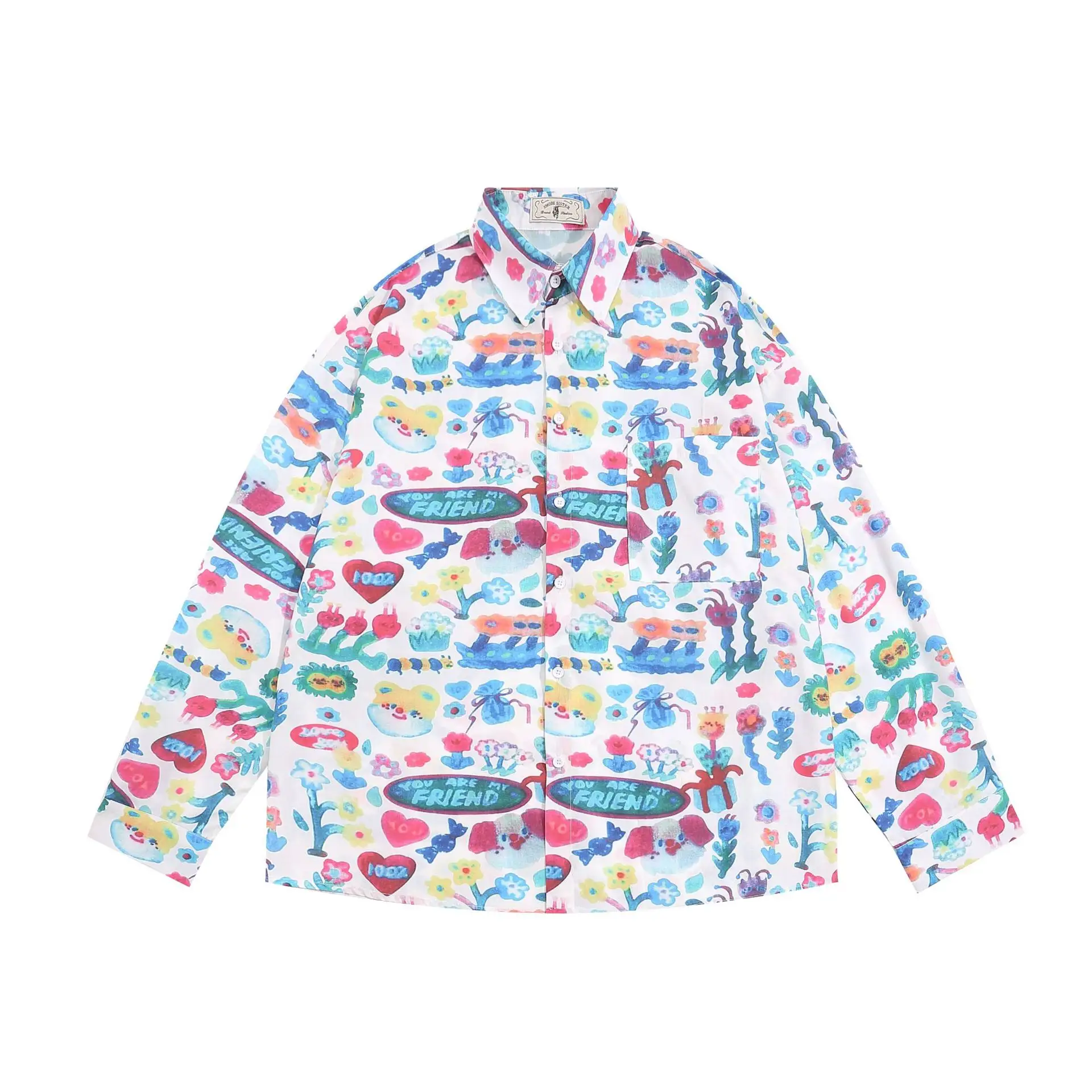 2024 Retro cartoon allover print graffiti long sleeve oversized shirts men korean style fashion men's shirt