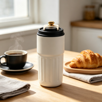 Gobelet isotherme à rayures verticales de 450 ml, avec couvercle à bouton doré, en acier inoxydable, pour les voyages