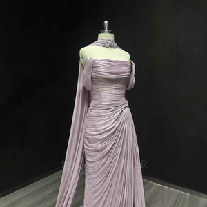 Robe de soirée sirène violette Nt19 à sequins et strass sur les épaules, en mousseline fendue, pour bal de promo, fête, invitée de mariage, événements formels, avec plumes - Product Image 3