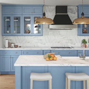 Custom Modern American <strong>Light</strong> Blue <strong>Kitchen</strong> <strong>Cabinets</strong> Marble <strong>Kitchen</strong> Island with Brass Hardware Farmhouse Shaker <strong>Kitchen</strong> Design - Product Image 2