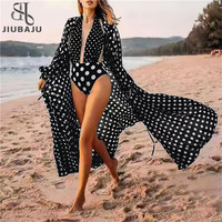 Ensemble deux pièces moulant en maille à pois pour femme, avec smock à manches longues et combinaison à décolleté plongeant