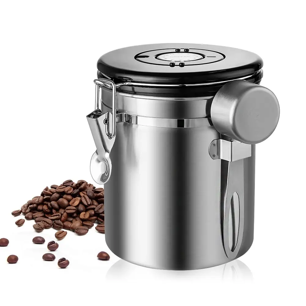 1500ml 1800ml 스테인레스 스틸 밀폐 Co2 식품 용기 커피 콩 저장 용기 숟가락