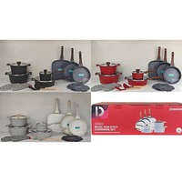 Batterie de cuisine forgée 18 pièces avec finition géométrique élégante, comprenant poêles à frire 24/28 cm, poêle carrée 28 cm, couvercles plats TE et accessoires antiadhésifs