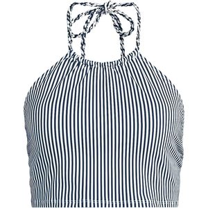 Ensemble deux pièces de maillot de bain extensible bleu marine rayé avec haut de bikini à col montant pour femme - Product Image 3