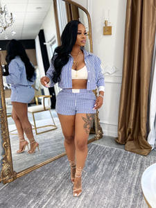 Set baju wanita lengan panjang, setelan baju dan celana pendek lengan panjang motif garis-garis, pakaian wanita 2025 - Product Image 4