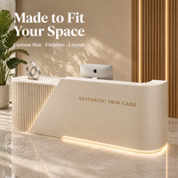 Comptoir de réception moderne de forme irrégulière avec panneau cannelé et bande LED, taille personnalisée, pour salon de beauté et studio de manucure