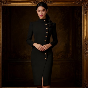 เดรสแฟชั่นฤดูใบไม้ร่วงแขนยาวคอตั้งทรงสลิมฟิตกระดุมโลหะแฟชั่น - Product Image 2