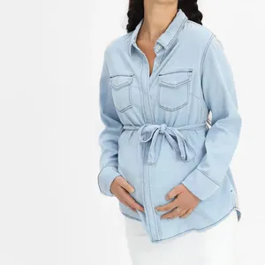 Hot sale button front long sleeve Blue Denim Shirt nursing tops feeding maternity wear blouse tops pregnant maternity tops